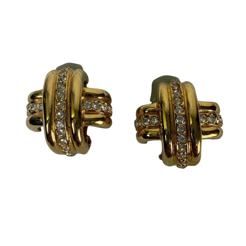 Ciner Vintage Gold Tone Rhinestone Ribbed Cross Clip On Earrings Statement